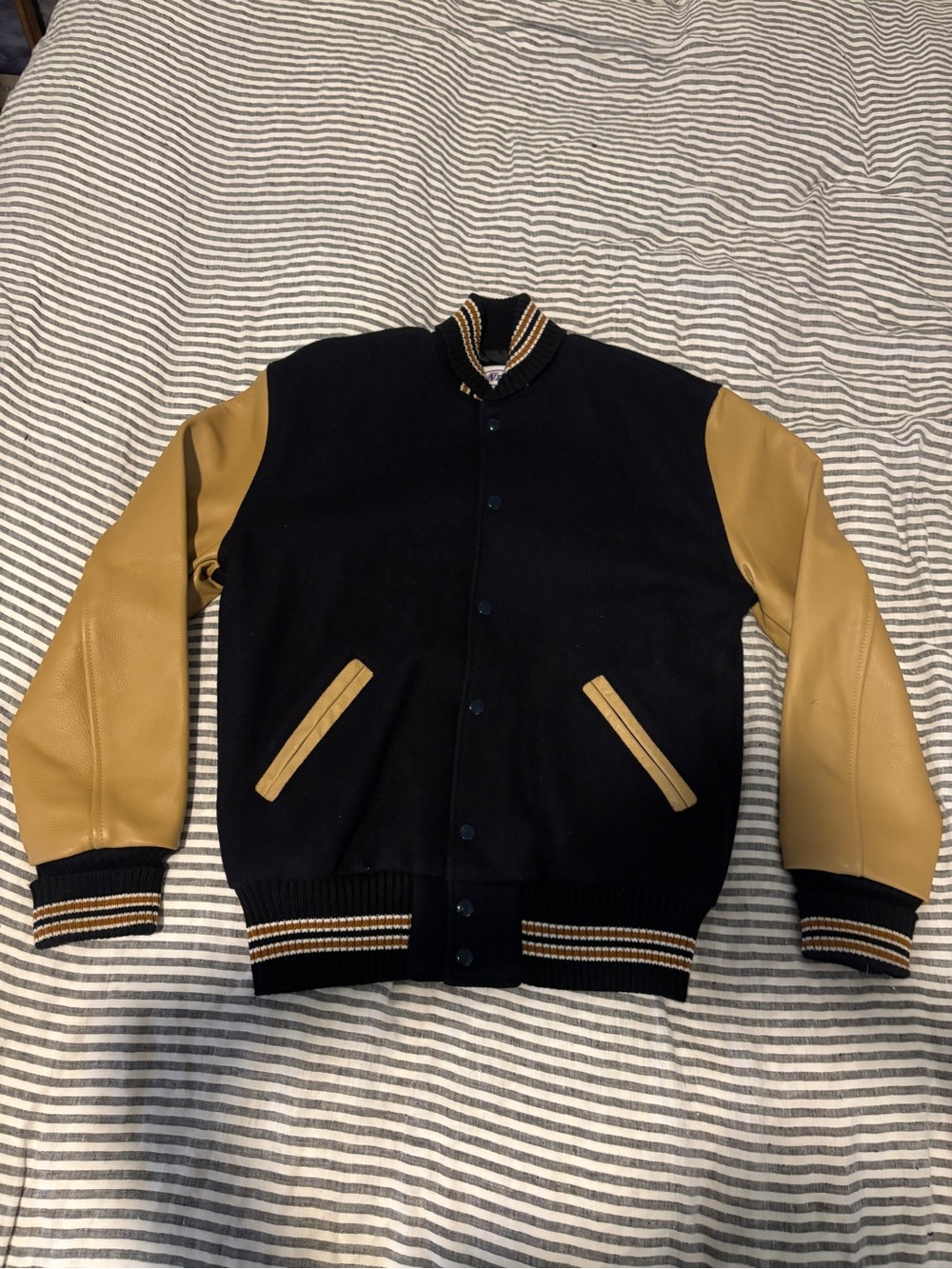 Neff wool leather varsity jacket, blank no patches, black tan yellow